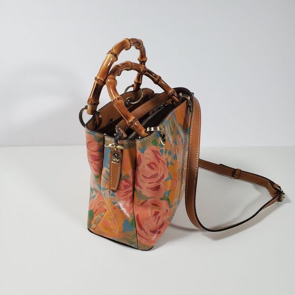 Patricia Nash Purse Watercolor Brown Leather Floral Bamboo Handle Crossbody - Picture 3 of 11